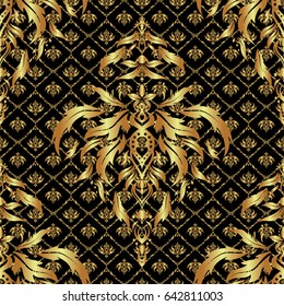 Black and golden textile print. Islamic vector design. Seamless pattern oriental ornament. Floral tiles.