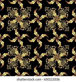 Black and golden textile print. Islamic vector design. Seamless pattern oriental ornament. Floral tiles.