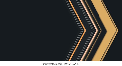 Black and golden triangle shape on dark metal background with copy space. Golden glitter decorate. Design for presentation, banner, cover, web, flyer, card, game, texture, slide. Vector illustration