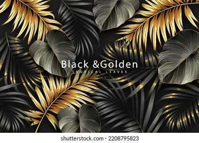 Black and golden tropical leaves on dark background. Luxury exotic botanical design. Wall art design. Vector illustration.