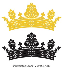 Black and golden vector king crowns and icon on white background. Vector Illustration. Emblem and royal symbols