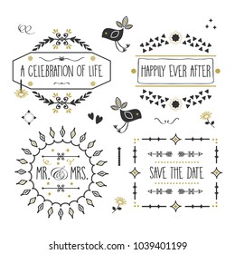Black and golden wedding message banners and emblems set on white background