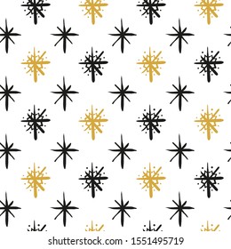 Black, golden and white seamless pattern with hand drawn scribble ink snowflakes.