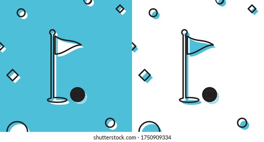 Black Golf ball and hole with flag icon isolated on blue and white background. Golf course. Ball and flagstick in hole. Sport concept. Random dynamic shapes. Vector Illustration