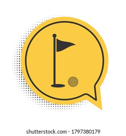 Black Golf ball and hole with flag icon isolated on white background. Golf course. Ball and flagstick in hole. Sport concept. Yellow speech bubble symbol. Vector.