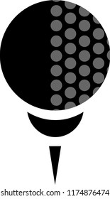 Black golf ball on tee, stand isolated, rendering. Empty golfing sphere mock up, front view. Clear sport plastic round ball template.