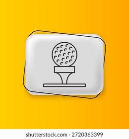 Black Golf ball on tee icon isolated on yellow background. Silver rectangle button. Vector