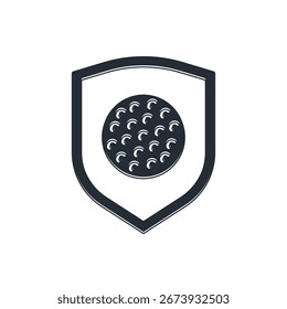 Schwarzer Golfball mit Schild-Symbol einzeln auf weißem Hintergrund.  Vektorgrafik