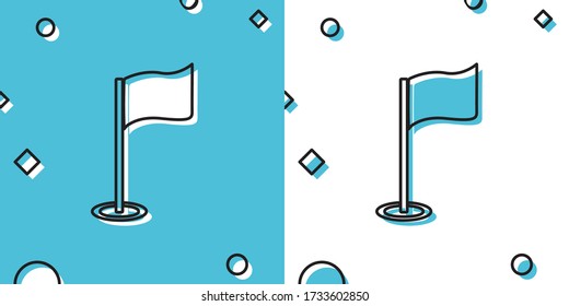 Black Golf flag icon isolated on blue and white background. Golf equipment or accessory. Random dynamic shapes. Vector Illustration