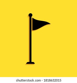 Black Golf flag icon isolated on yellow background. Golf equipment or accessory. Long shadow style. Vector.
