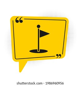 Icono de la bandera del Golf Negro aislado en fondo blanco. Equipo de golf o accesorio. Símbolo amarillo de burbuja de habla. Ilustración vectorial