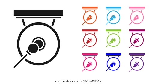 Black Gong musical percussion instrument circular metal disc and hammer icon isolated on white background. Set icons colorful. Vector Illustration