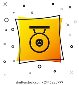 Black Gong musical percussion instrument circular metal disc icon isolated on white background. Yellow square button. Vector