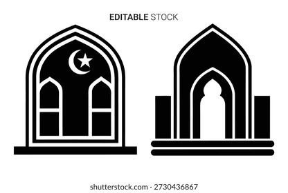Black gothic arch designs featuring a crescent moon and star in a striking silhouette style.