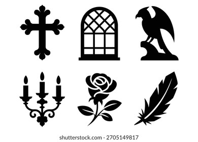 Pluma de rosa de candelabro de pájaro de ventana arqueada gótica negra