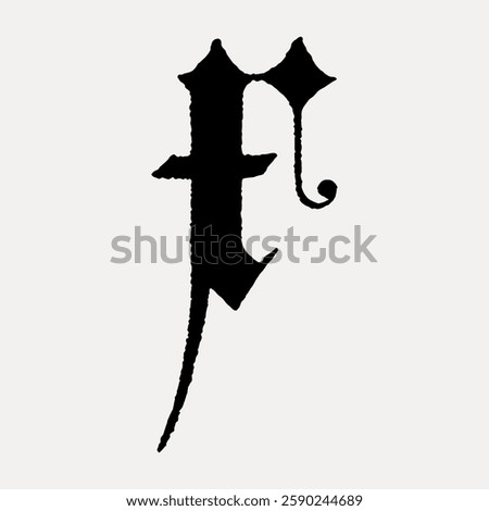 Black Gothic letter 'F' with sharp edges and a decorative swirl on a light background. Gothic style, letter 'F', decorative swirl, sharp edges. Vintage font illustration, isolated vector.