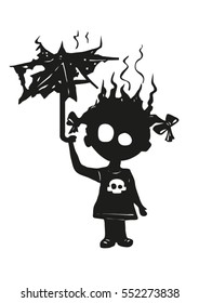 Black gothic silhouette of a little girl, which was struck by lightning, shock, with charred umbrella and cartoonish skull on the dress. Danger, Warning, broken heart, loneliness, shock, fate.