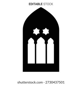 A black gothic window frame with trefoil detailing, presented in a bold silhouette style.