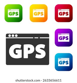 Dispositivo Gps preto com ícone de mapa isolado no fundo branco. Defina ícones em botões quadrados de cor. Ilustração de vetor