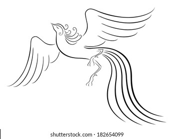 Black graceful Firebird contour isolated over white. Hand drawing vector illustration