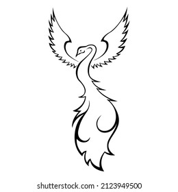 Black graceful Firebird contour isolated on the white background, hand drawing vector illustration