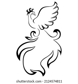 Black graceful Firebird contour isolated on the white background, hand drawing vector illustration