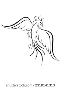 Black graceful Firebird contour isolated over white, hand drawing vector illustration
