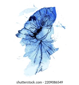 Black graceful hand drawn flower, on a blue watercolor stain, isolated on a white background