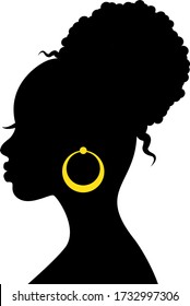black graceful silhouette of the head of an african woman in profile with curly hair

