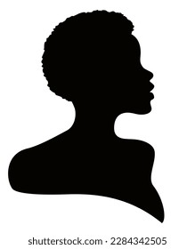 Black graceful silhouette of the head of an African woman in profile. Side view of black woman with curly hairstyle. Vector illustration of African American woman profile