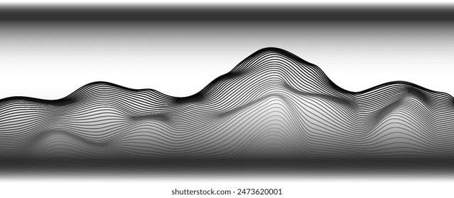 Black gradient abstract line art mountain landscape seen from room window. Vector illustration