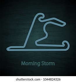 Black gradient background with blue neon roat race track and text