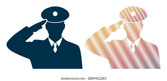 Black and gradient colored icons of soldier or officer saluting in uniform and cap isolated on white background. Suitable for military patriotism or service themed graphics.