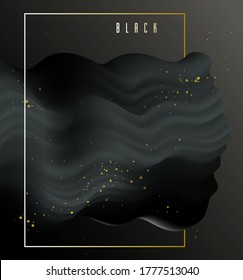 Black gradient with gold particles elements vector abstract background, dimensional 3D fluid shape in dynamic motion, luxury fashion theme design.