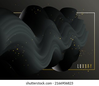 Black gradient with gold particles elements vector abstract background, dimensional 3D fluid shape in dynamic motion, luxury fashion theme design.