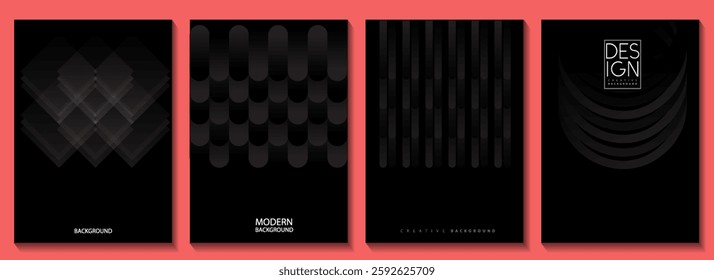 Black gradient poster background vector. Set of wall decoration, groovy, trippy, geometric shape. for interior, decorative, banner, cover, card.