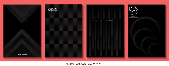 Black gradient poster background vector. Set of wall decoration, groovy, trippy, geometric shape. for interior, decorative, banner, cover, card.