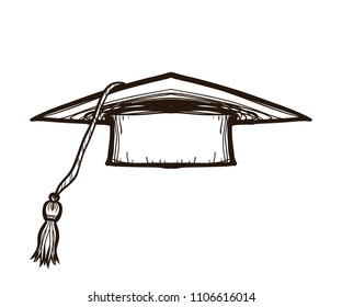 Black graduate cap isolated on white background. Alumnus hat vector illustration collection in sketch style. Coloring book for adults