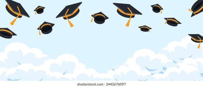 Black graduate caps on the sky. Congratulation graduates 2024 class of graduations background