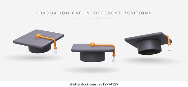 Black graduate hat in different positions. Set of 3D images of masters hats on white background with shadows. Final stage of training. Symbol of education