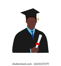 Black Graduate Student Holding Degree in Cap and Gown, Vector Illustration, African American Graduate with Diploma and Cap, Proud Black Student at Graduation Ceremony
