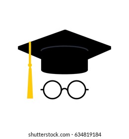 Black graduated hat and round shape glasses. vector illustration