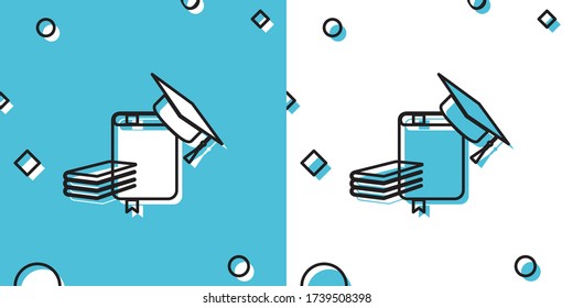 Black Graduation cap and book icon isolated on blue and white background. Random dynamic shapes. Vector Illustration