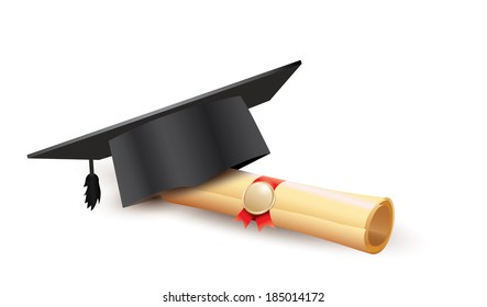 Black graduation cap with degree and book Isolated on white