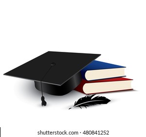 Black graduation cap with degree and book Isolated on white