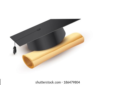 Black graduation cap with degree Isolated on white