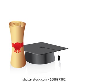 Black graduation cap with degree Isolated on white