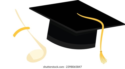 Black Graduation Cap with Degree Isolated on White Background. Vector