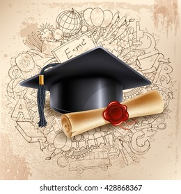 Black graduation cap and diploma on doodle hand drawn background with different school objects. Back to school concept. Congratulation Graduation. Vector illustration.