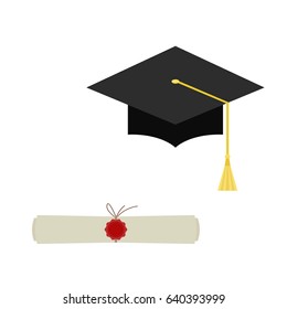 Black  graduation cap and diploma scroll web  icon  isolated on  white  background.  Mortarboard  flat design vector illustration.